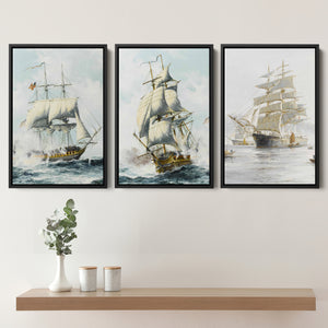 Sailboats Floating In The Sea Set of 3 Piece Framed Canvas Prints Wall Art Decor