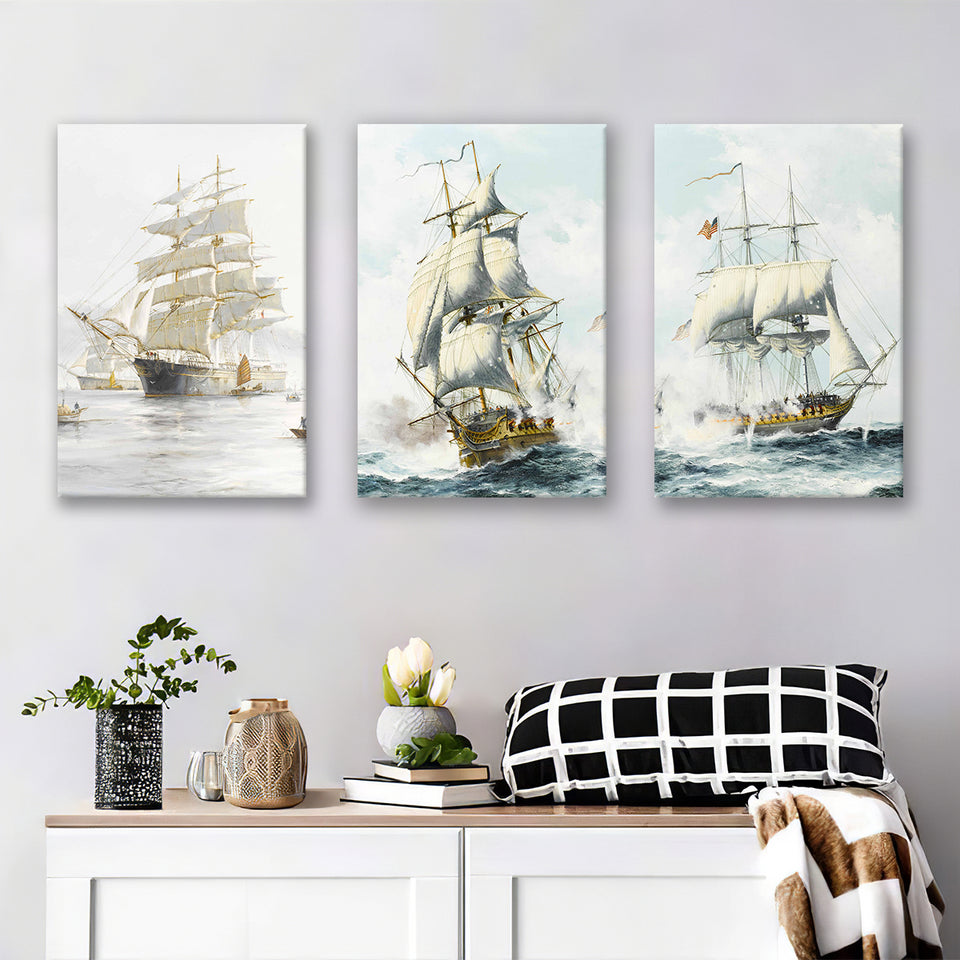 Sailboats Floating In The Sea Set of 3 Piece Canvas Prints Wall Art Decor