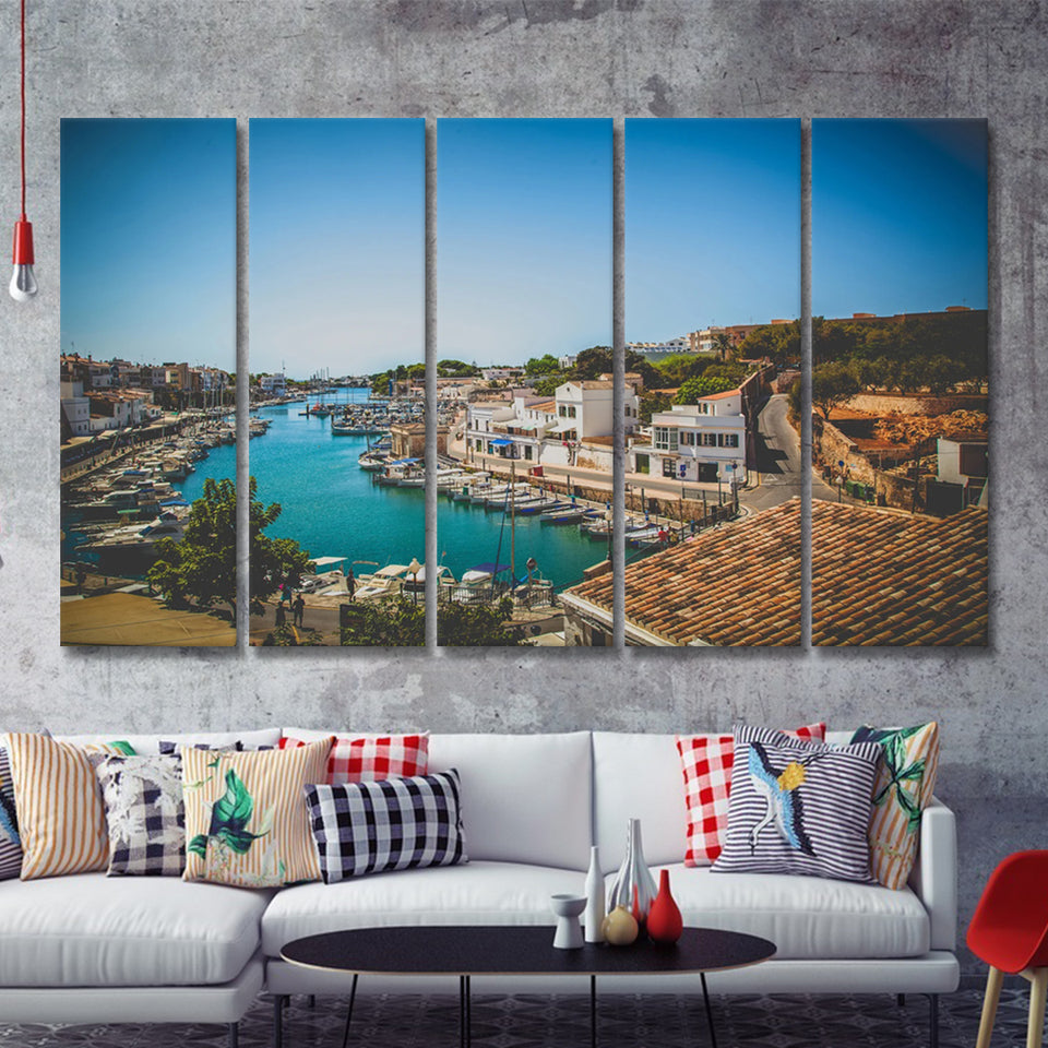 Sailing Boats in a Menorca Harbour Mediterranean Sea 5 Piece Canvas Prints Wall Art - Painting Prints, Wall Decor,Multi Panels