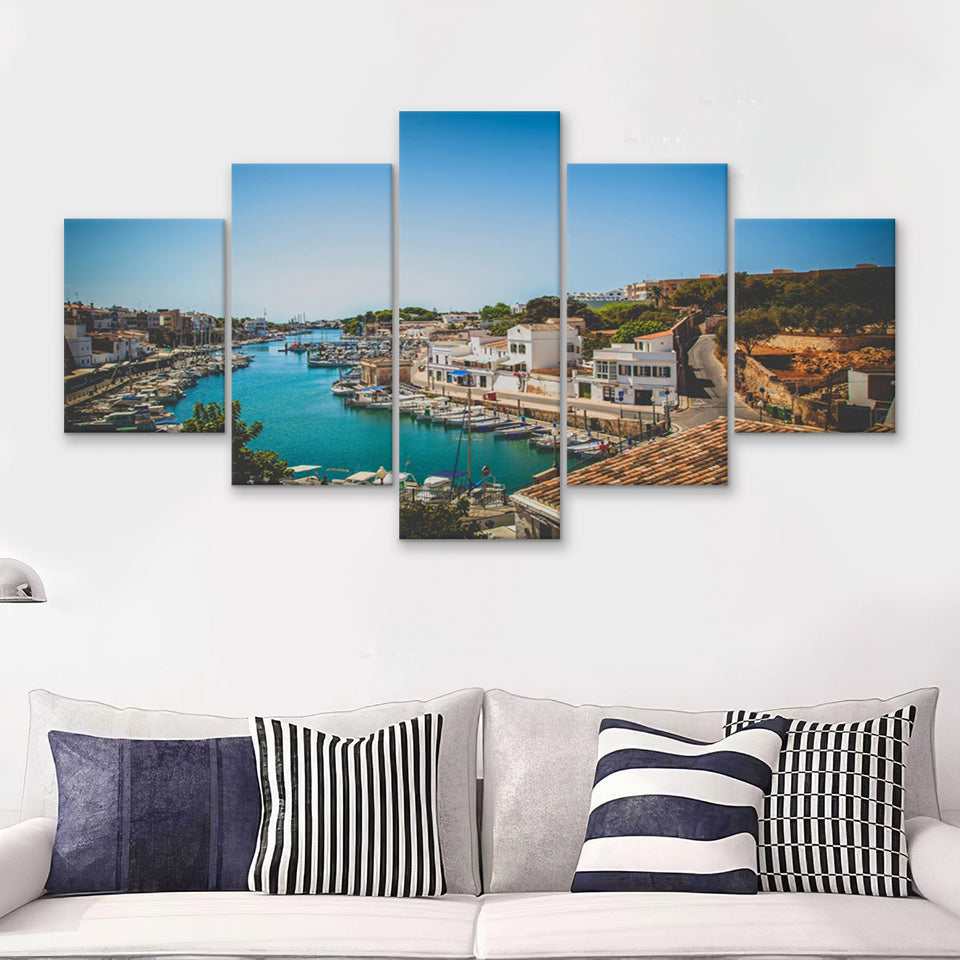 Sailing Boats in a Menorca Harbour Mediterranean Sea 5 Piece Canvas Prints Wall Art - Painting Prints, Wall Decor,Multi Panel