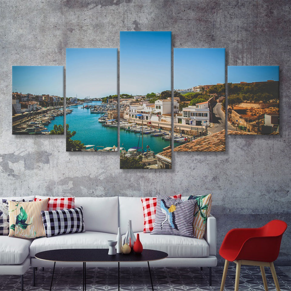 Sailing Boats in a Menorca Harbour Mediterranean Sea 5 Piece Canvas Prints Wall Art - Painting Prints, Wall Decor,Multi Panel