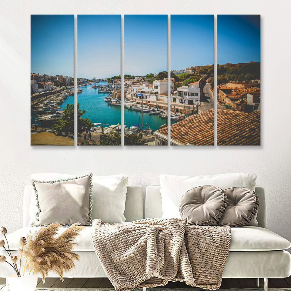 Sailing Boats in a Menorca Harbour Mediterranean Sea 5 Piece Canvas Prints Wall Art - Painting Prints, Wall Decor,Multi Panels