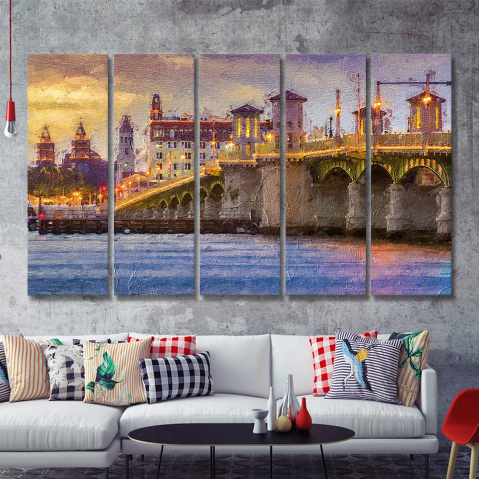 Saint Augustine City at Sunset Saint Augustine 5 Piece B Canvas Prints Wall Art Decor - Painting Canvas, Multi Panels