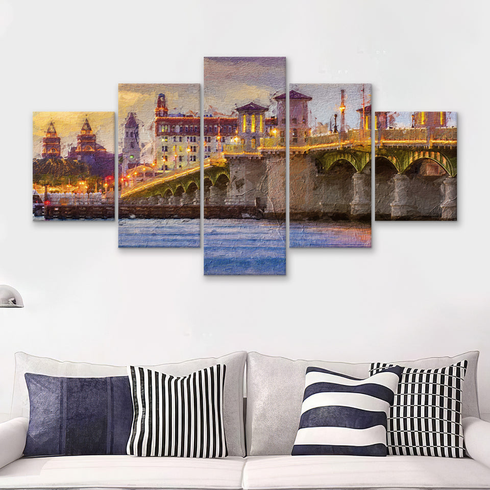 Saint Augustine City at Sunset Saint Augustine 5 Piece Canvas Prints Wall Art Decor - Painting Canvas, Multi Panels