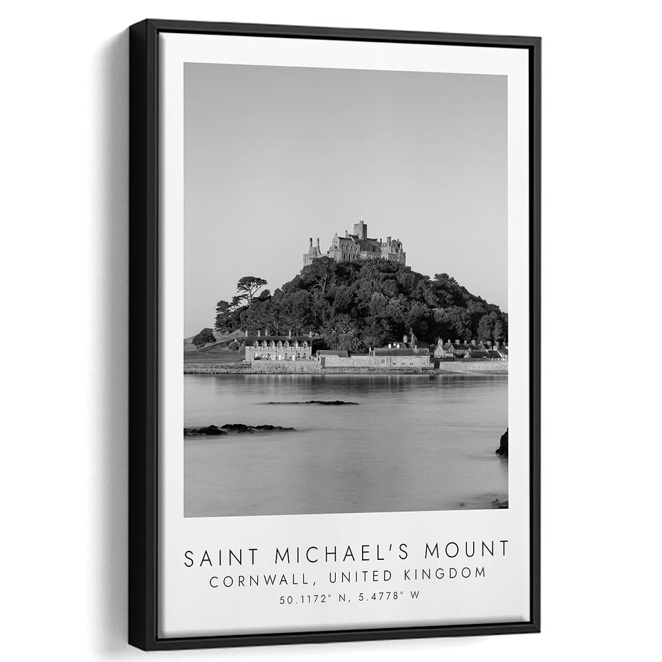 Saint Michael'S Mount Travel Art Black And White Decor Framed Canvas Prints Wall Art Home Decor, Floating Frame