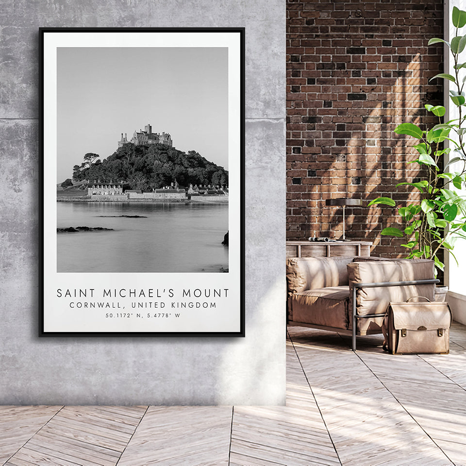 Saint Michael'S Mount Travel Art Black And White Decor Framed Canvas Prints Wall Art Home Decor, Floating Frame