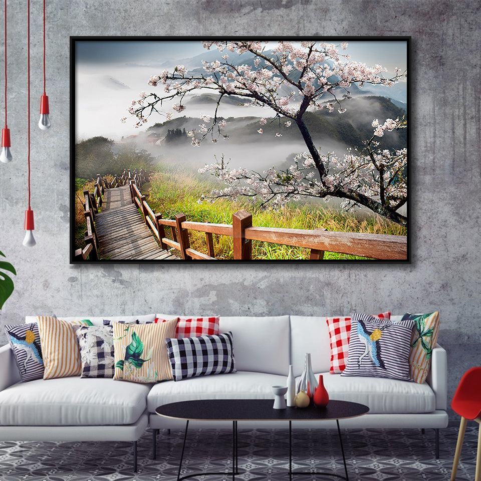 Sakura Mountain Framed Canvas Prints Wall Art Decor, Framed Picture, Floating Frame