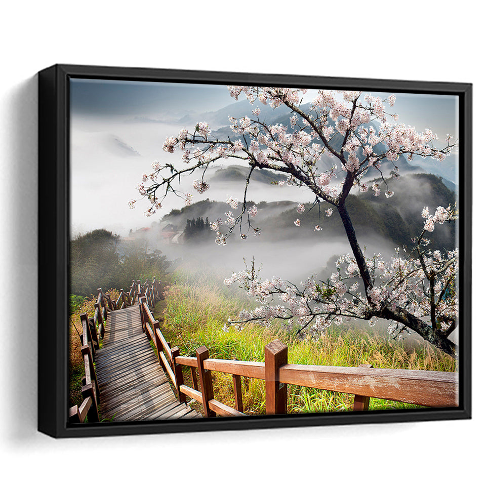 Sakura Mountain Framed Canvas Prints Wall Art Decor, Framed Picture, Floating Frame