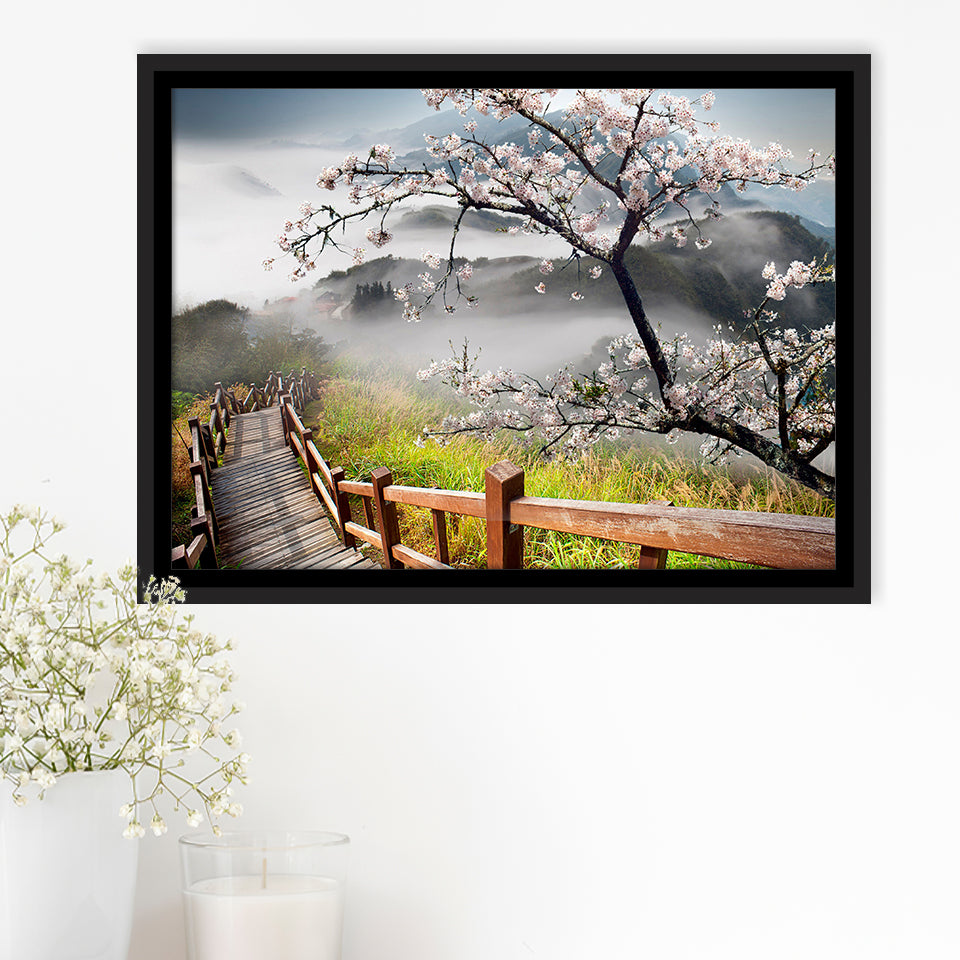 Sakura Mountain Framed Canvas Prints Wall Art Decor, Framed Picture, Floating Frame