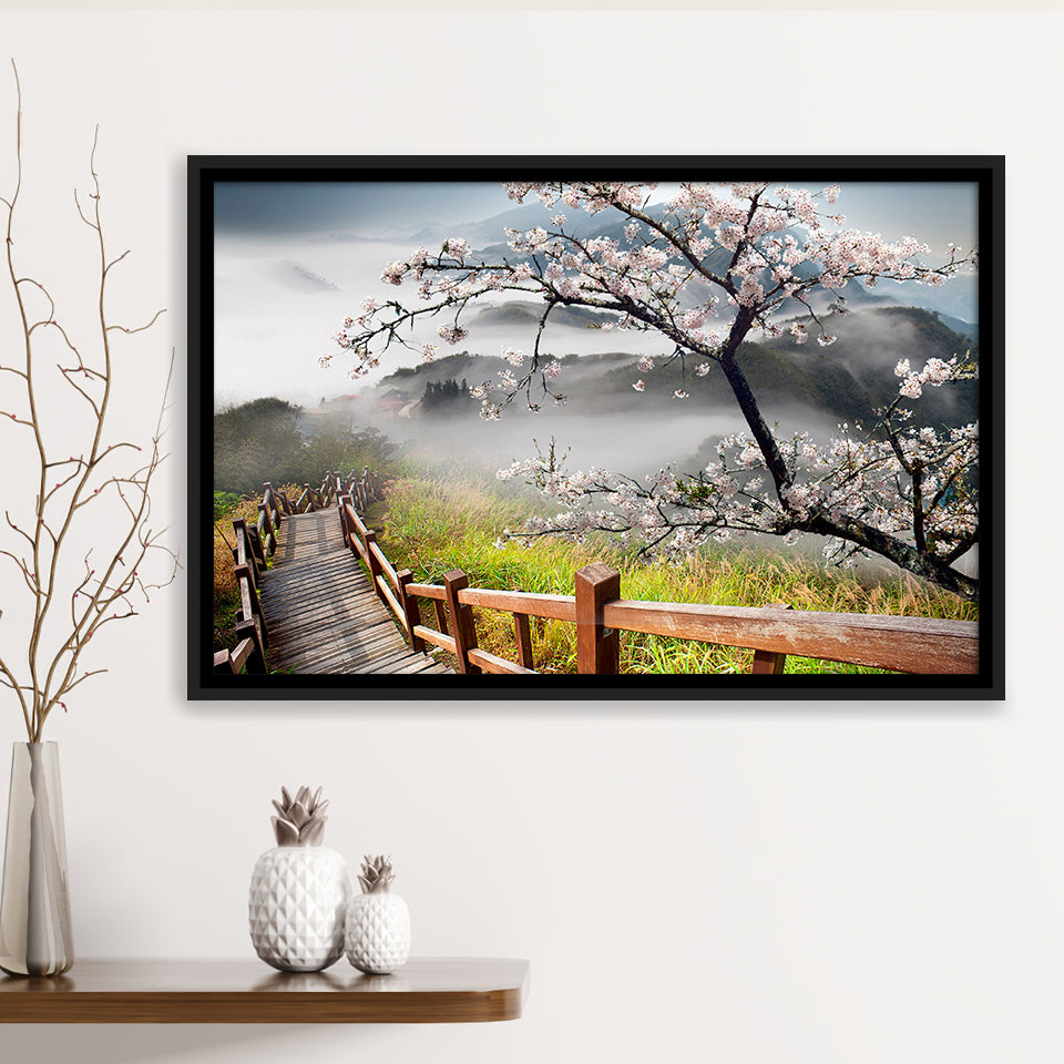 Sakura Mountain Framed Canvas Prints Wall Art Decor, Framed Picture, Floating Frame