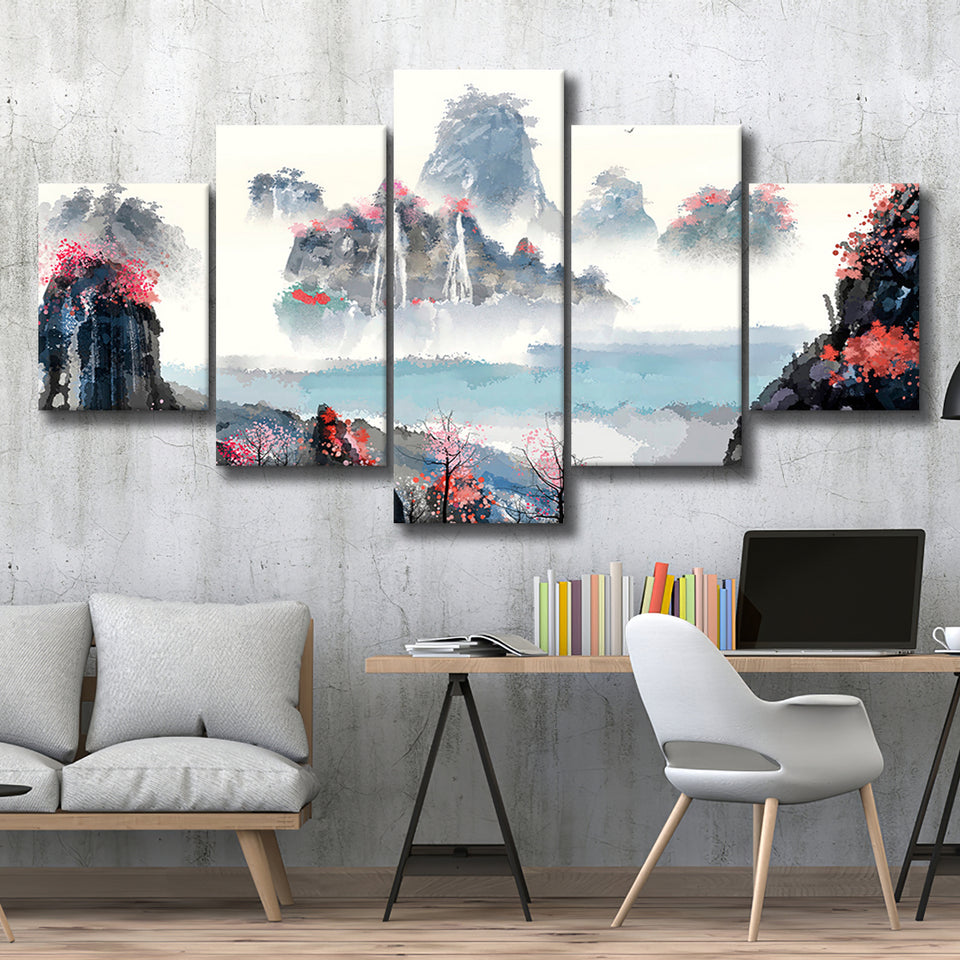 Sakura Canvas Landscape 5 Piece Canvas Prints Wall Art Decor, Multi Panels, Mixed Canvas