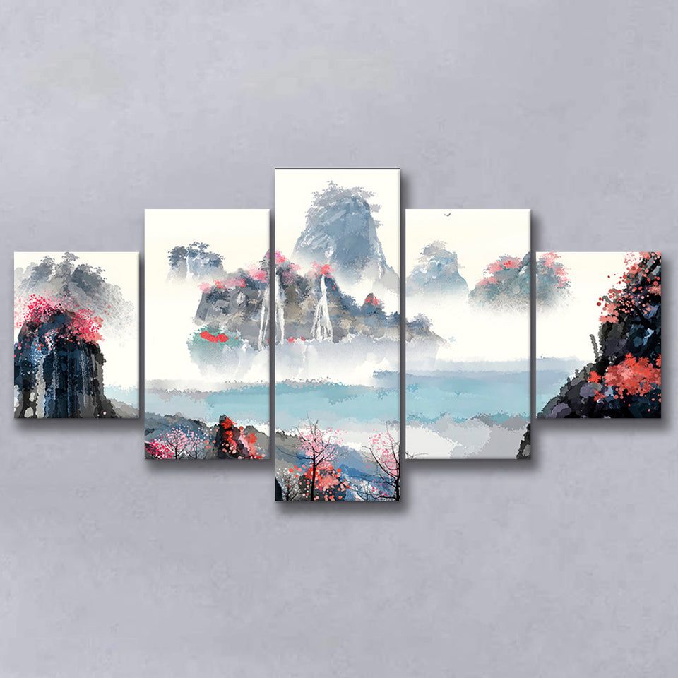 Sakura Canvas Landscape 5 Piece Canvas Prints Wall Art Decor, Multi Panels, Mixed Canvas