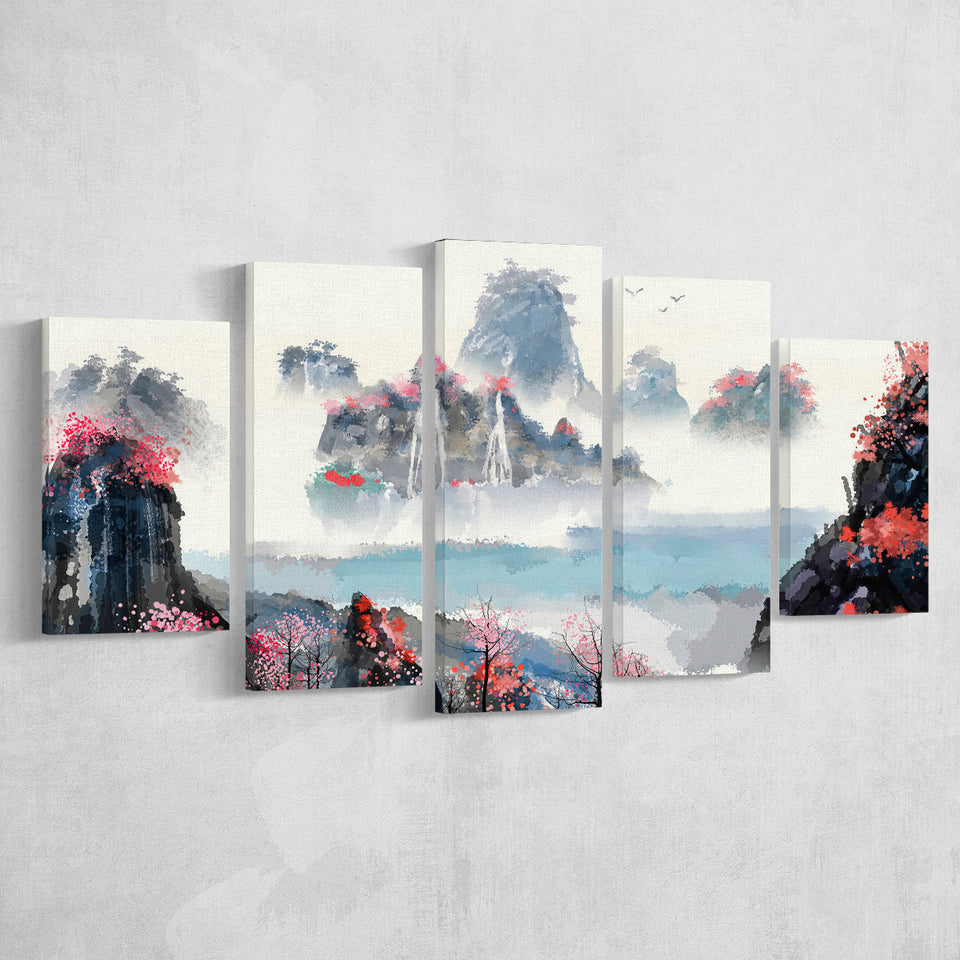 Sakura Canvas Landscape 5 Piece Canvas Prints Wall Art Decor, Multi Panels, Mixed Canvas