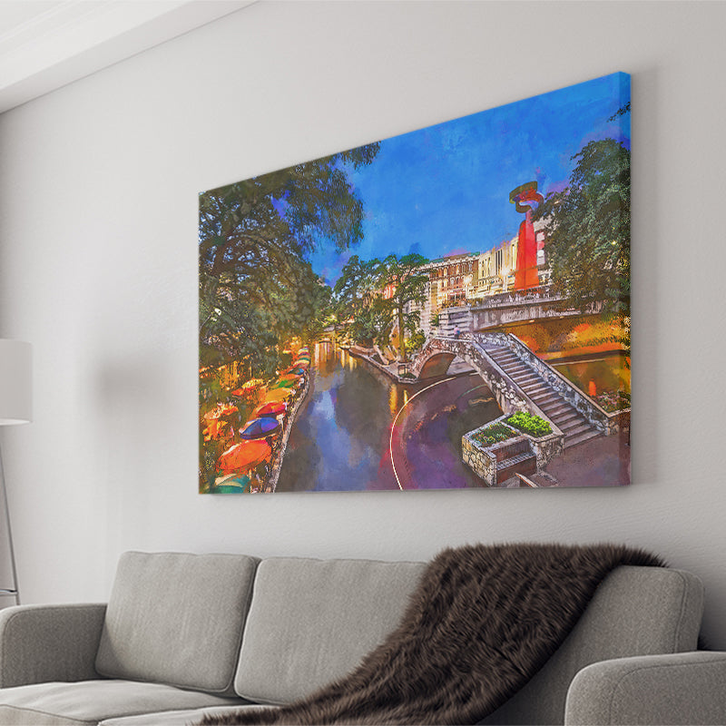 San Antonio Texas Usa Cityscape River City Art Watercolor Canvas Prints Wall Art Home Decor, Large Canvas
