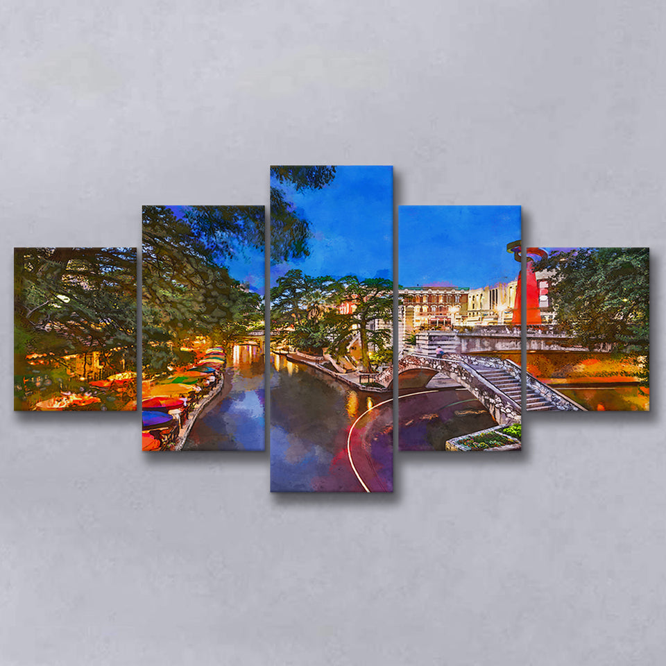 San Antonio Texas Usa Cityscape River 5 Pieces Mixed Canvas Prints Wall Art Home Decor