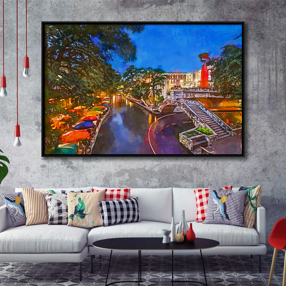 San Antonio Texas Usa Cityscape River City Art Watercolor Framed Canvas Prints Wall Art Home Decor,Floating Frame