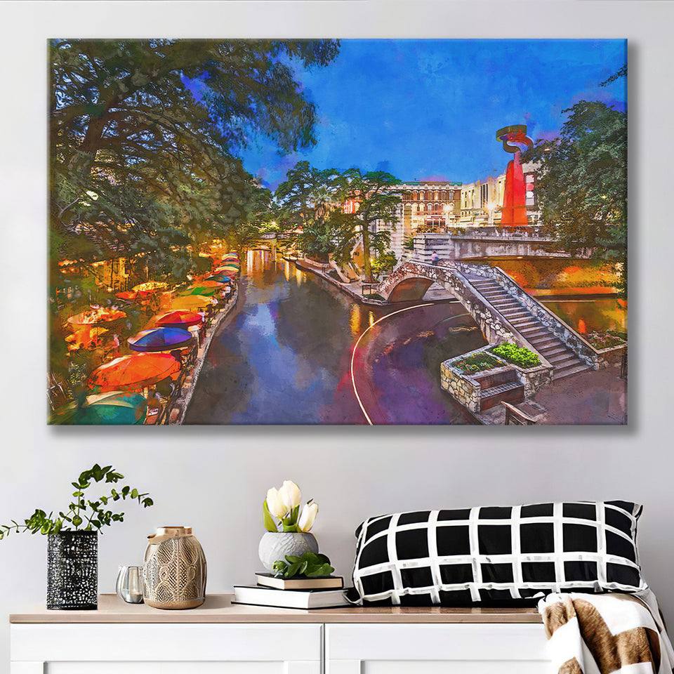 San Antonio Texas Usa Cityscape River City Art Watercolor Canvas Prints Wall Art Home Decor, Large Canvas