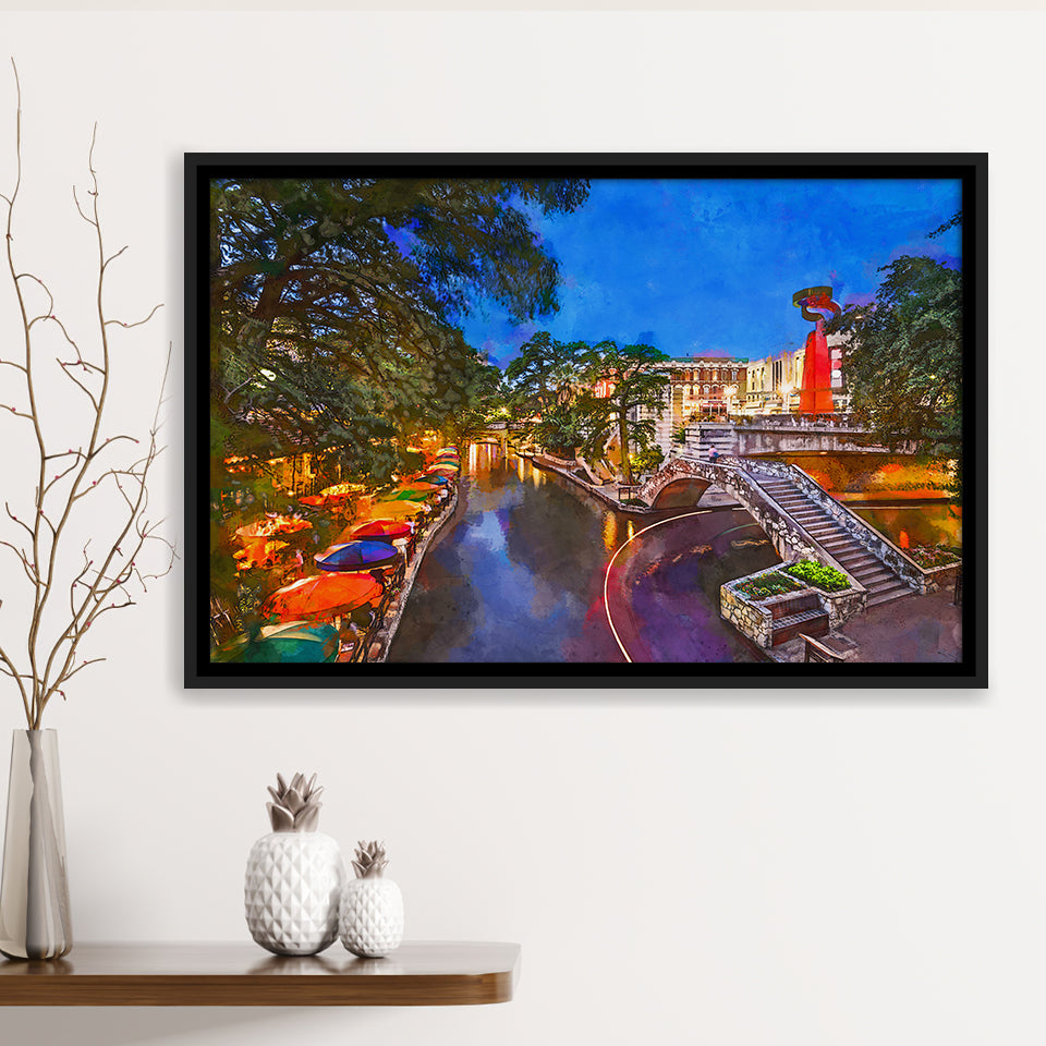 San Antonio Texas Usa Cityscape River City Art Watercolor Framed Canvas Prints Wall Art Home Decor,Floating Frame