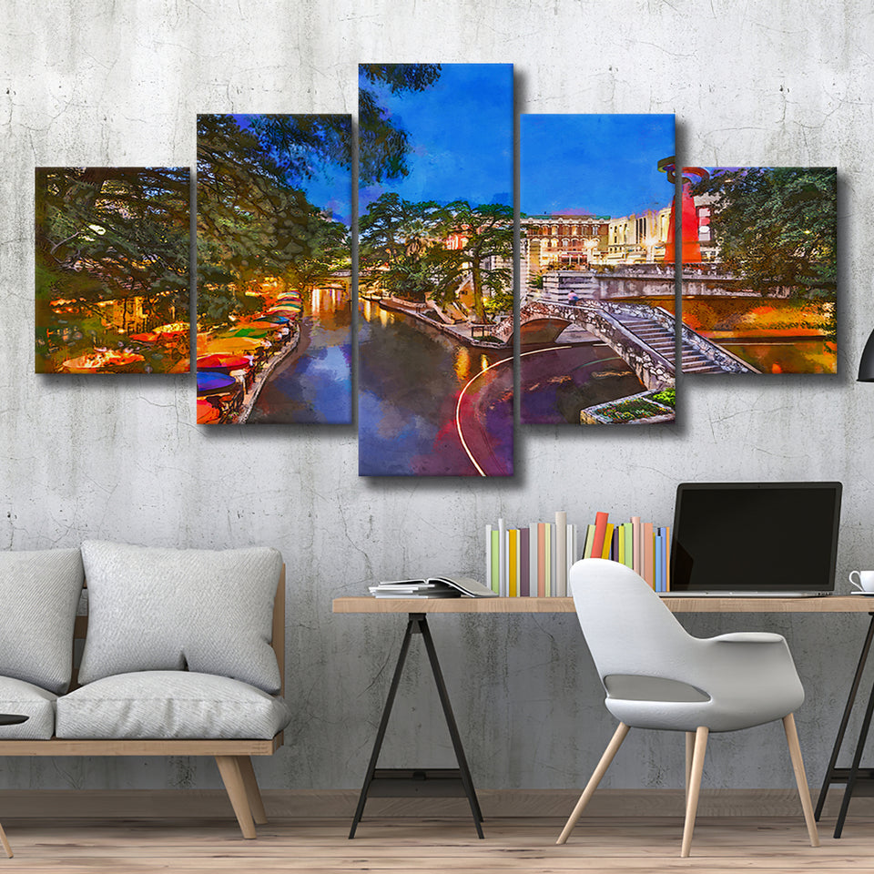 San Antonio Texas Usa Cityscape River 5 Pieces Mixed Canvas Prints Wall Art Home Decor