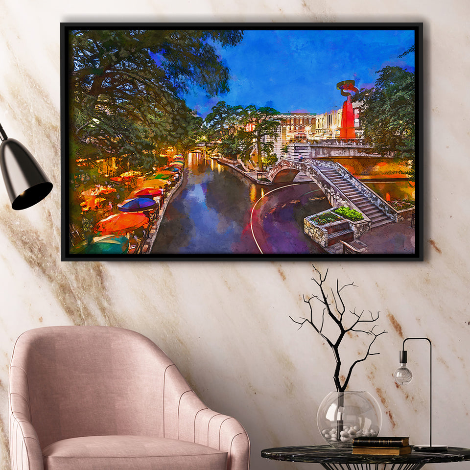 San Antonio Texas Usa Cityscape River City Art Watercolor Framed Canvas Prints Wall Art Home Decor,Floating Frame