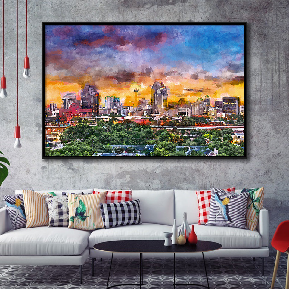 San Antonio Texas Usa Downtown Skyline City Art Watercolor Framed Canvas Prints Wall Art Home Decor,Floating Frame
