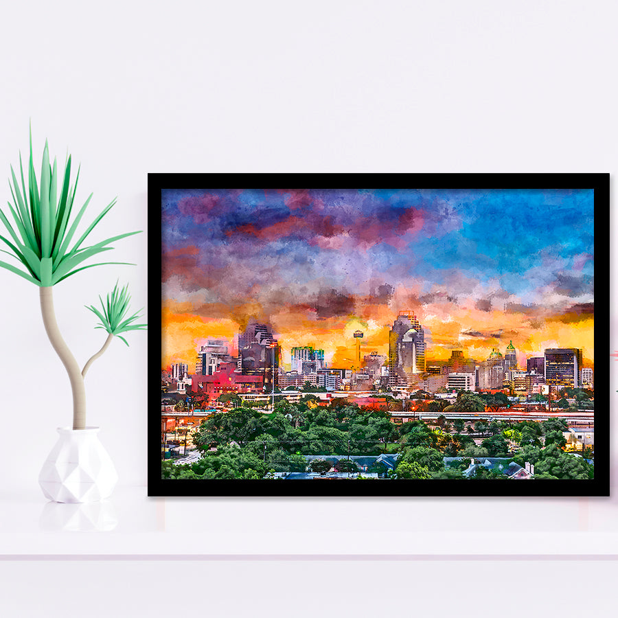 San Antonio Texas Usa Downtown Skyline City Art Watercolor Framed Art Prints Wall Art Decor,Framed Picture