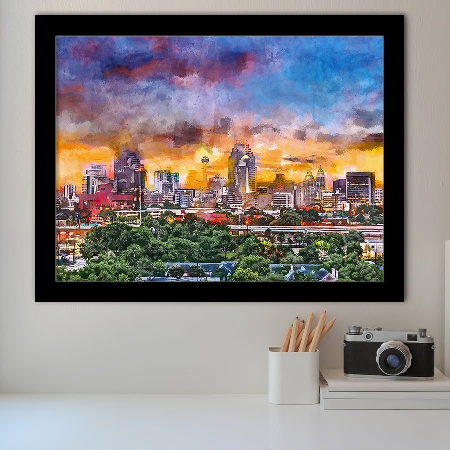 San Antonio Texas Usa Downtown Skyline City Art Watercolor Framed Art Prints Wall Art Decor,Framed Picture