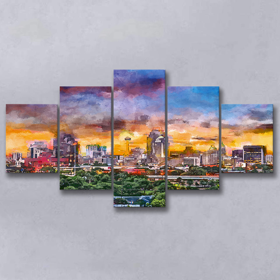 San Antonio Texas Usa Downtown Skyline 5 Pieces Mixed Canvas Prints Wall Art Home Decor