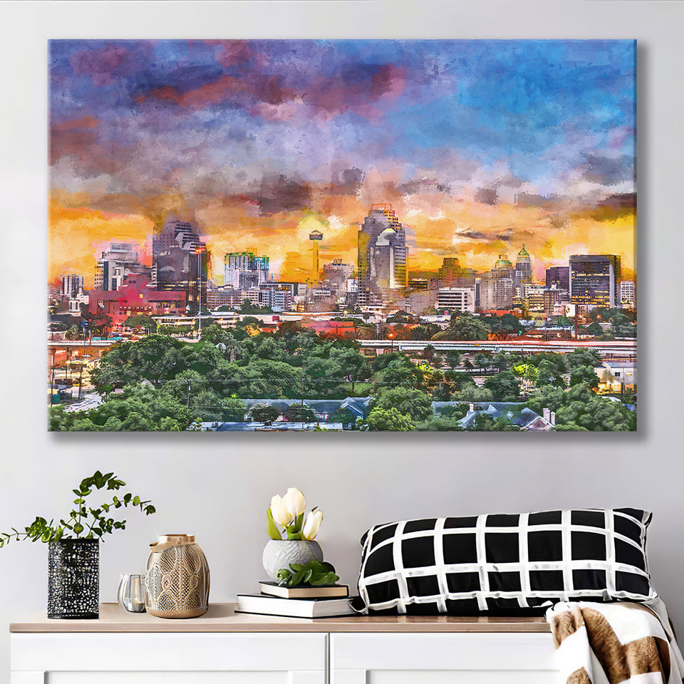 San Antonio Texas Usa Downtown Skyline City Art Watercolor Canvas Prints Wall Art Home Decor, Large Canvas