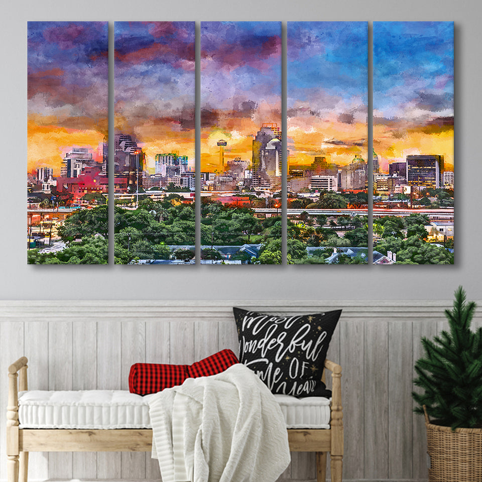 San Antonio Texas Usa Downtown Skyline 5 Pieces Extra Large Canvas Prints Wall Art Home Decor