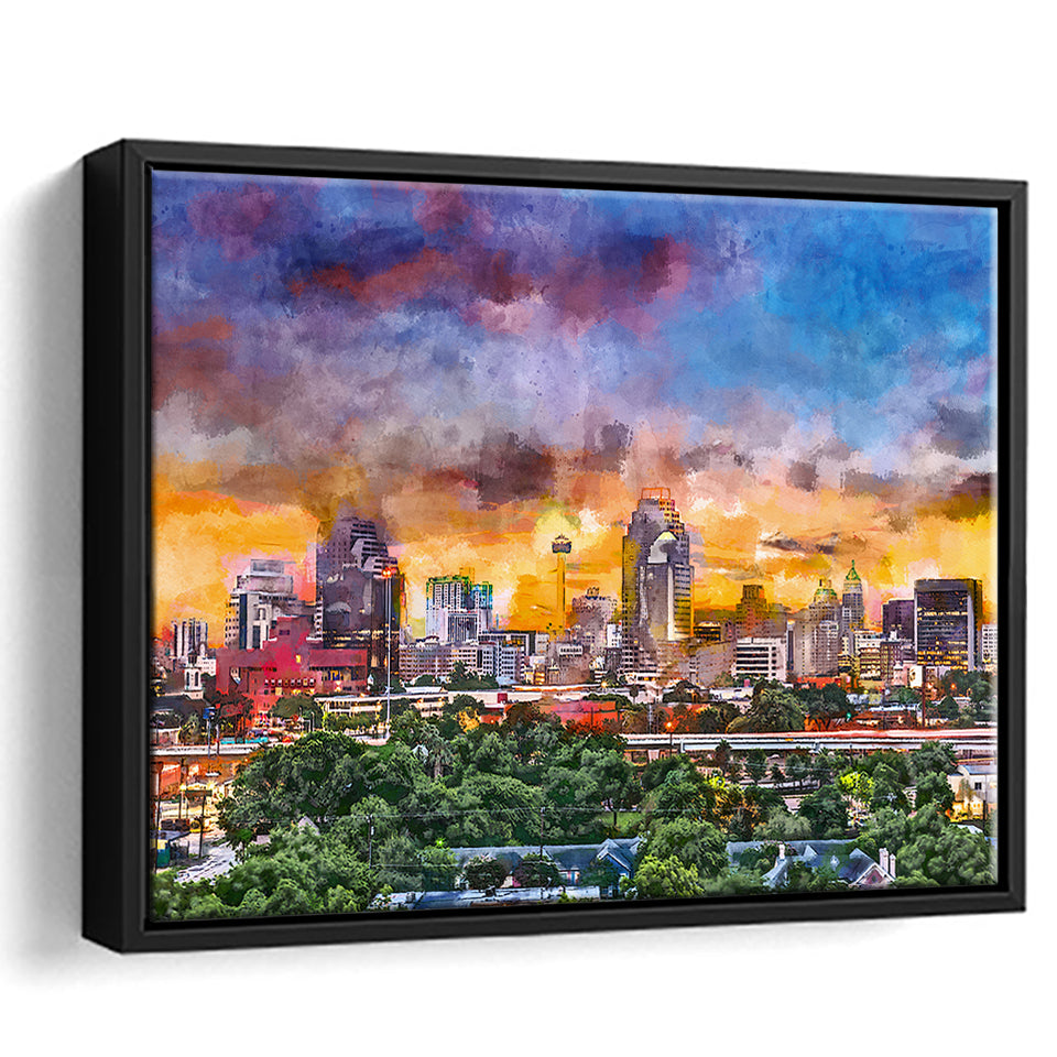 San Antonio Texas Usa Downtown Skyline City Art Watercolor Framed Canvas Prints Wall Art Home Decor,Floating Frame