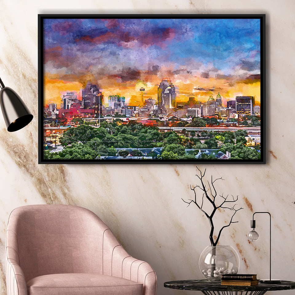 San Antonio Texas Usa Downtown Skyline City Art Watercolor Framed Canvas Prints Wall Art Home Decor,Floating Frame