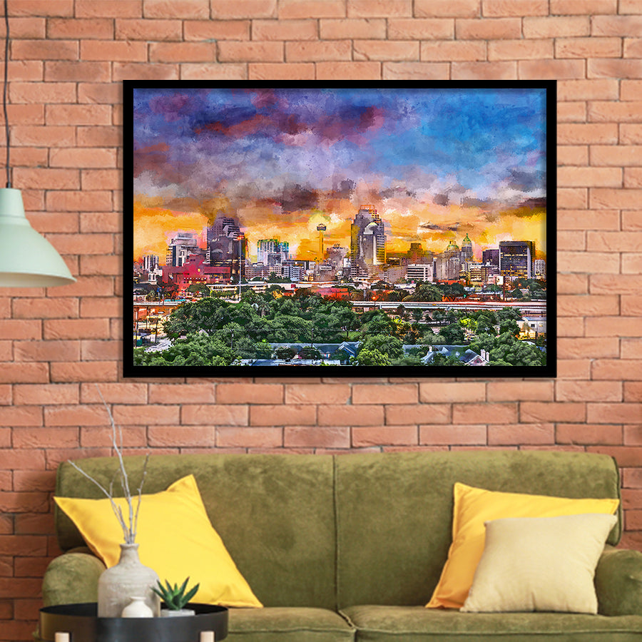 San Antonio Texas Usa Downtown Skyline City Art Watercolor Framed Art Prints Wall Art Decor,Framed Picture