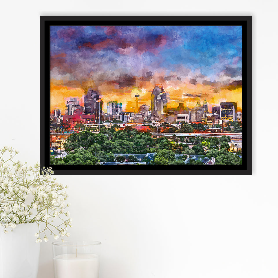 San Antonio Texas Usa Downtown Skyline City Art Watercolor Framed Canvas Prints Wall Art Home Decor,Floating Frame