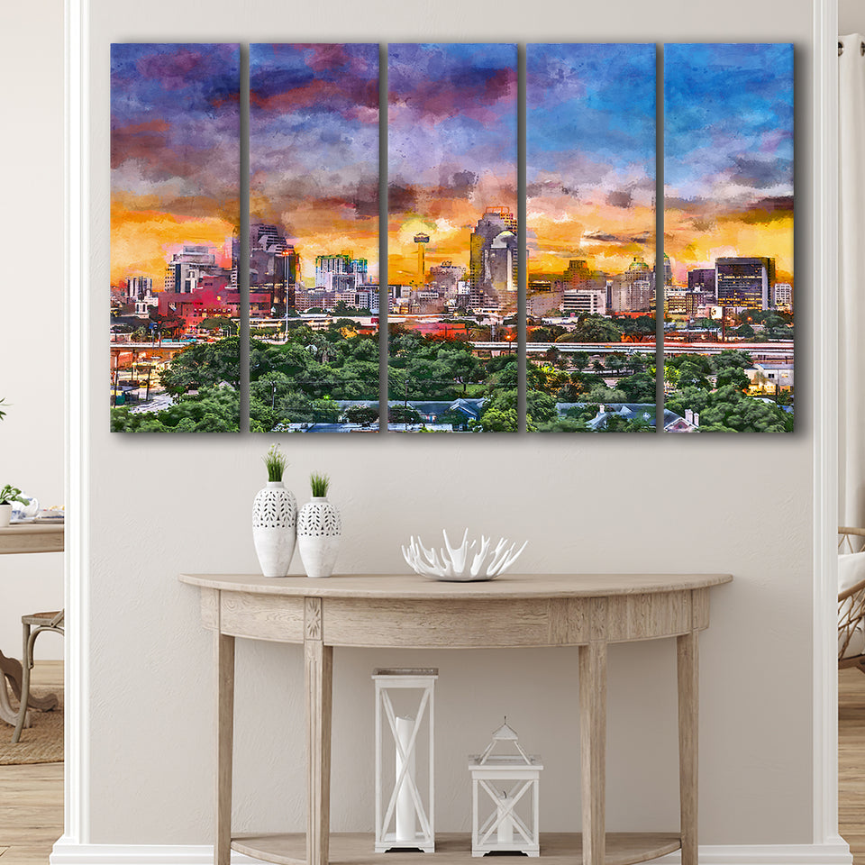 San Antonio Texas Usa Downtown Skyline 5 Pieces Extra Large Canvas Prints Wall Art Home Decor