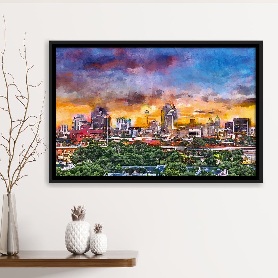San Antonio Texas Usa Downtown Skyline City Art Watercolor Framed Canvas Prints Wall Art Home Decor,Floating Frame