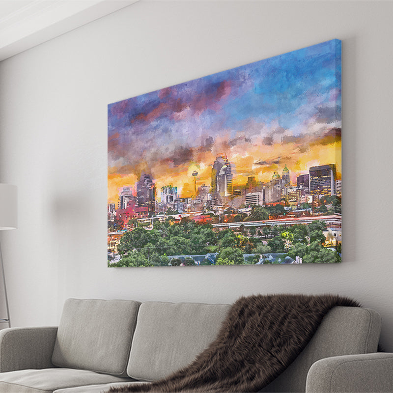 San Antonio Texas Usa Downtown Skyline City Art Watercolor Canvas Prints Wall Art Home Decor, Large Canvas