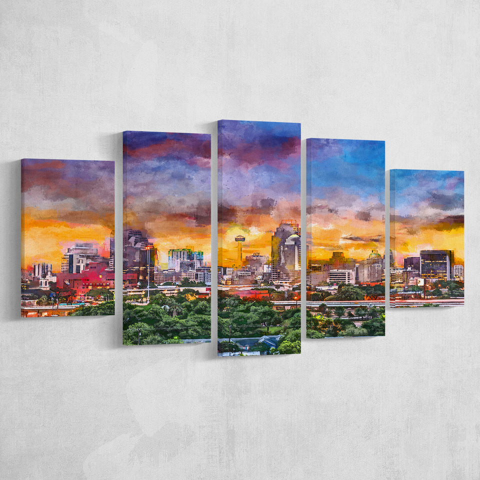 San Antonio Texas Usa Downtown Skyline 5 Pieces Mixed Canvas Prints Wall Art Home Decor
