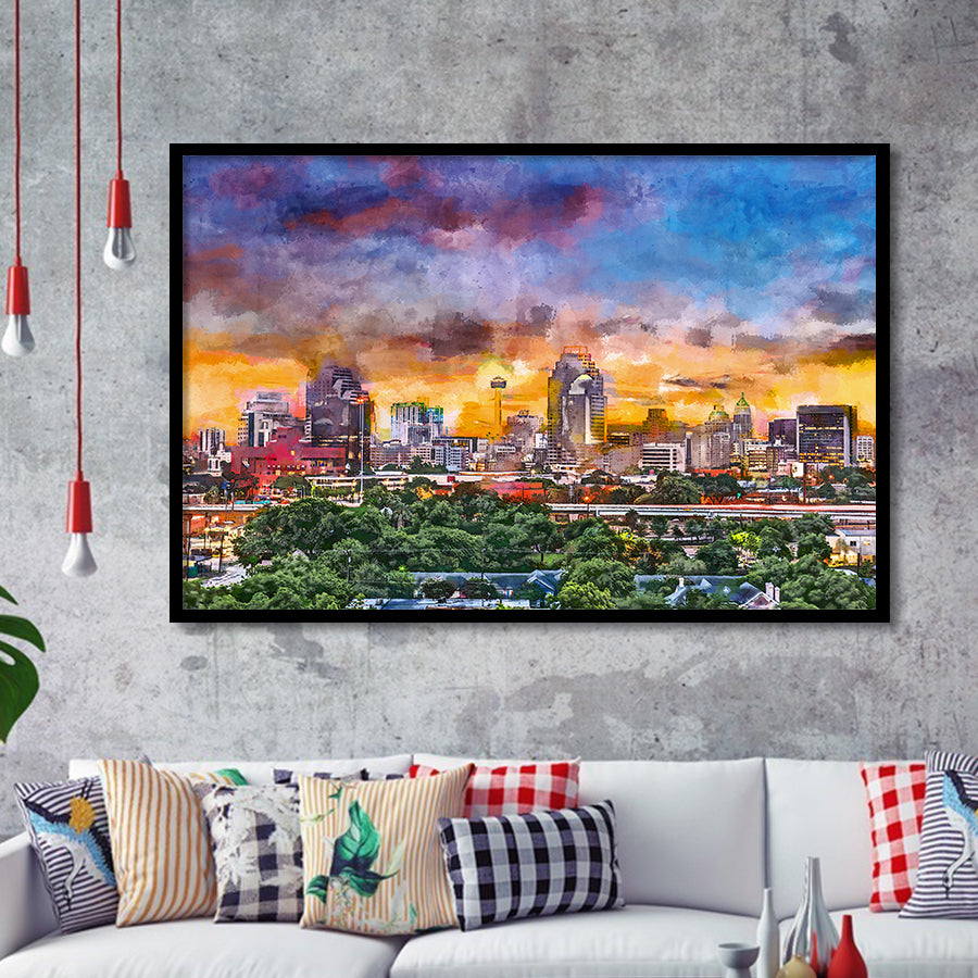 San Antonio Texas Usa Downtown Skyline City Art Watercolor Framed Art Prints Wall Art Decor,Framed Picture