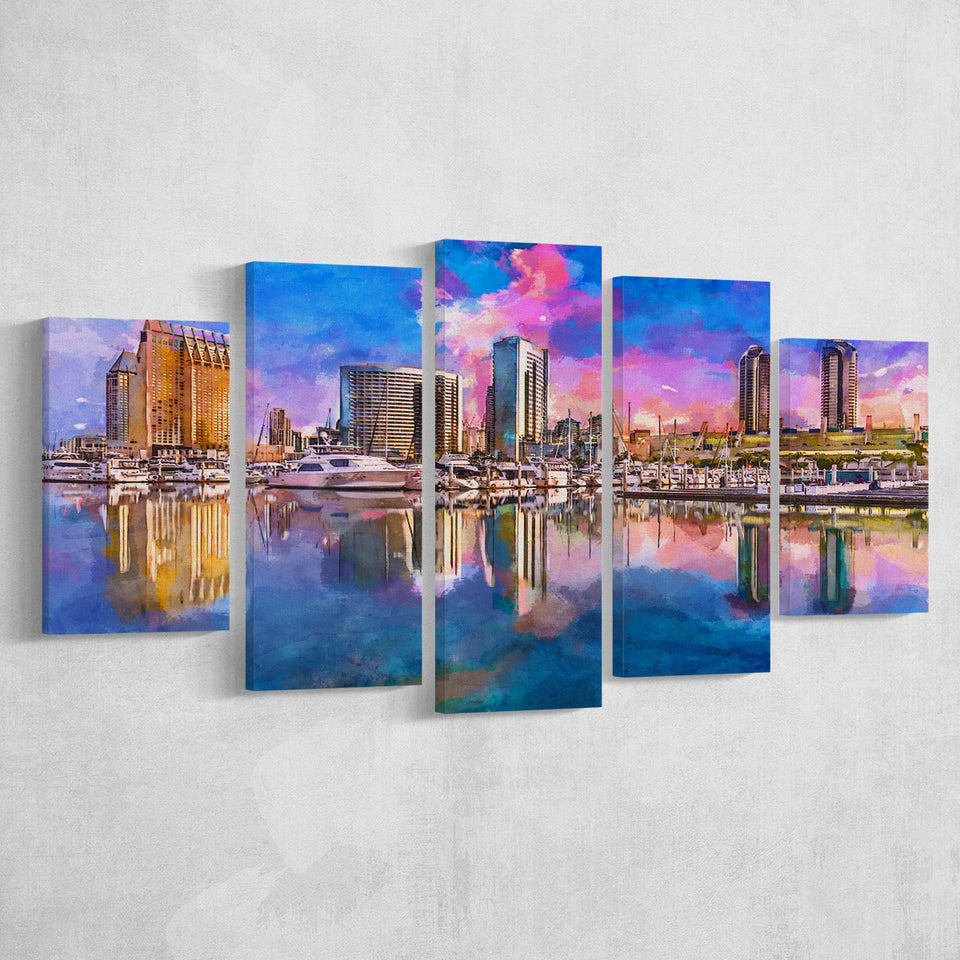 San Diego California Usa Downtown City 5 Pieces Mixed Canvas Prints Wall Art Home Decor
