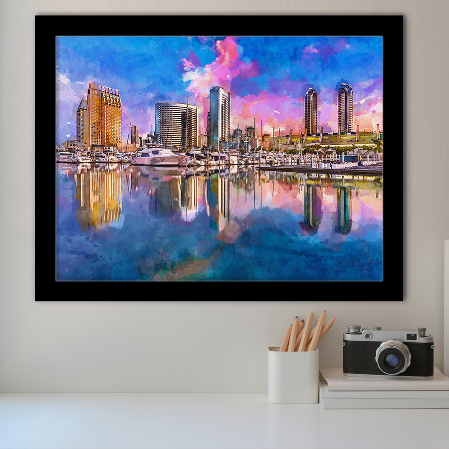 San Diego California Usa Downtown City City Art Watercolor Framed Art Prints Wall Art Decor,Framed Picture
