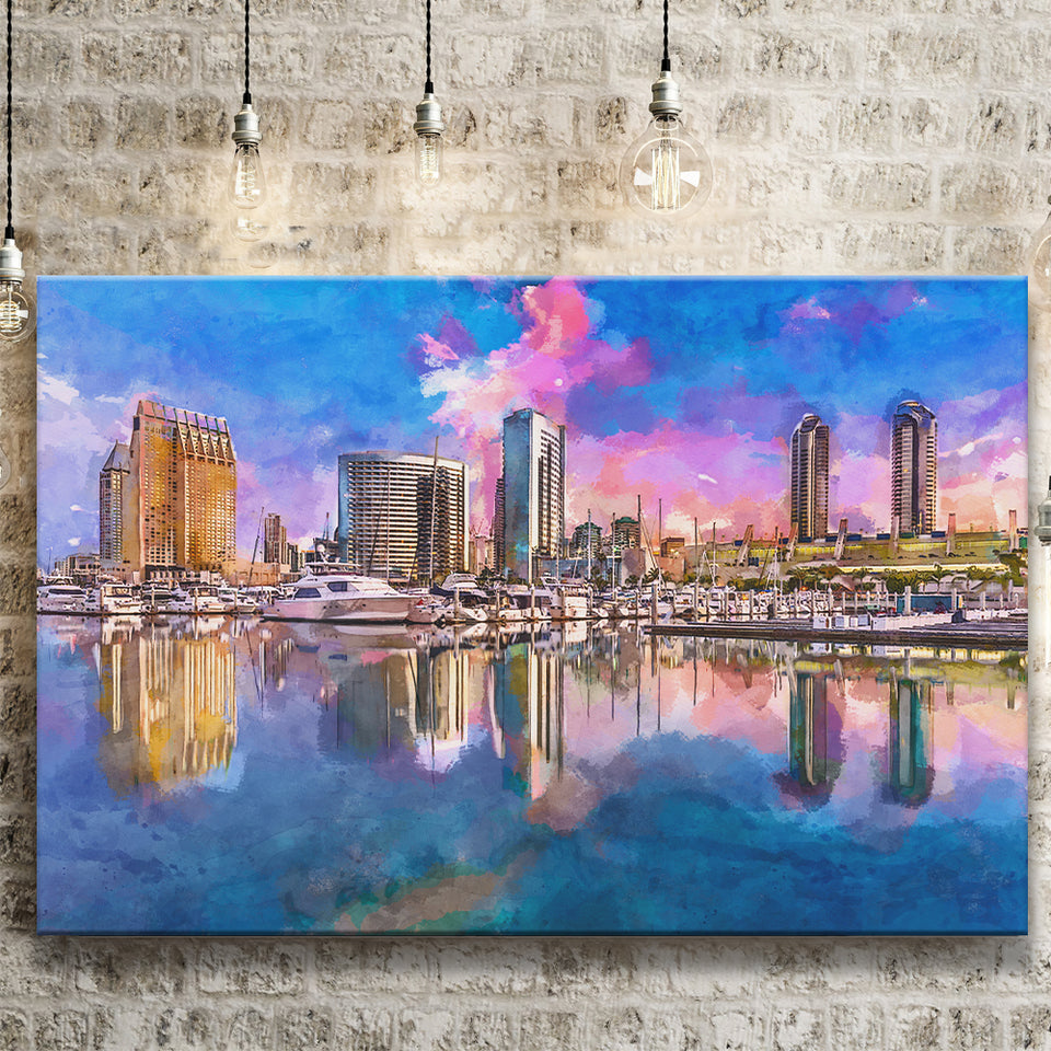 San Diego California Usa Downtown City City Art Watercolor Canvas Prints Wall Art Home Decor, Large Canvas