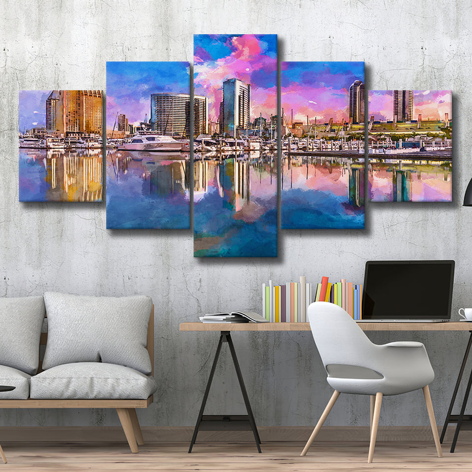 San Diego California Usa Downtown City 5 Pieces Mixed Canvas Prints Wall Art Home Decor
