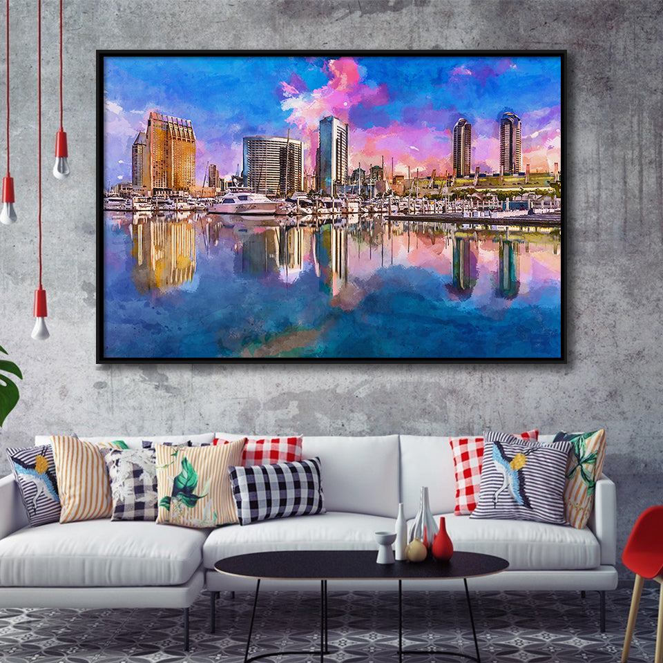San Diego California Usa Downtown City City Art Watercolor Framed Canvas Prints Wall Art Home Decor,Floating Frame