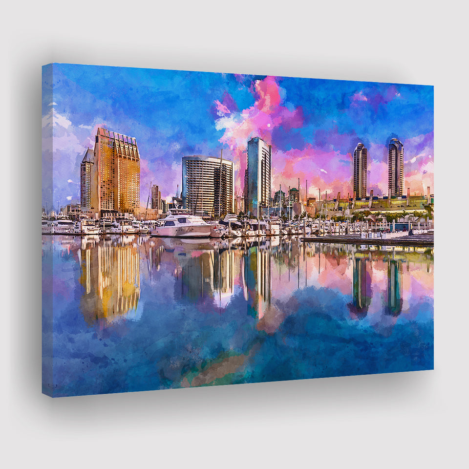 San Diego California Usa Downtown City City Art Watercolor Canvas Prints Wall Art Home Decor, Large Canvas