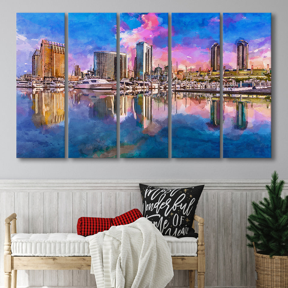San Diego California Usa Downtown City 5 Pieces Extra Large Canvas Prints Wall Art Home Decor