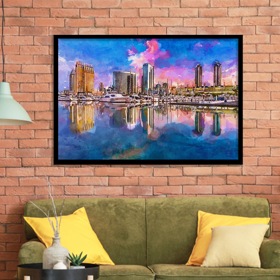 San Diego California Usa Downtown City City Art Watercolor Framed Art Prints Wall Art Decor,Framed Picture