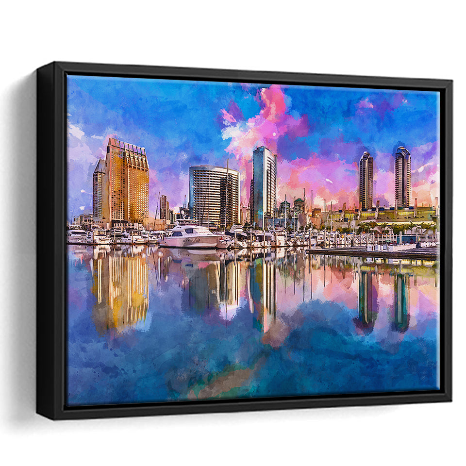 San Diego California Usa Downtown City City Art Watercolor Framed Canvas Prints Wall Art Home Decor,Floating Frame