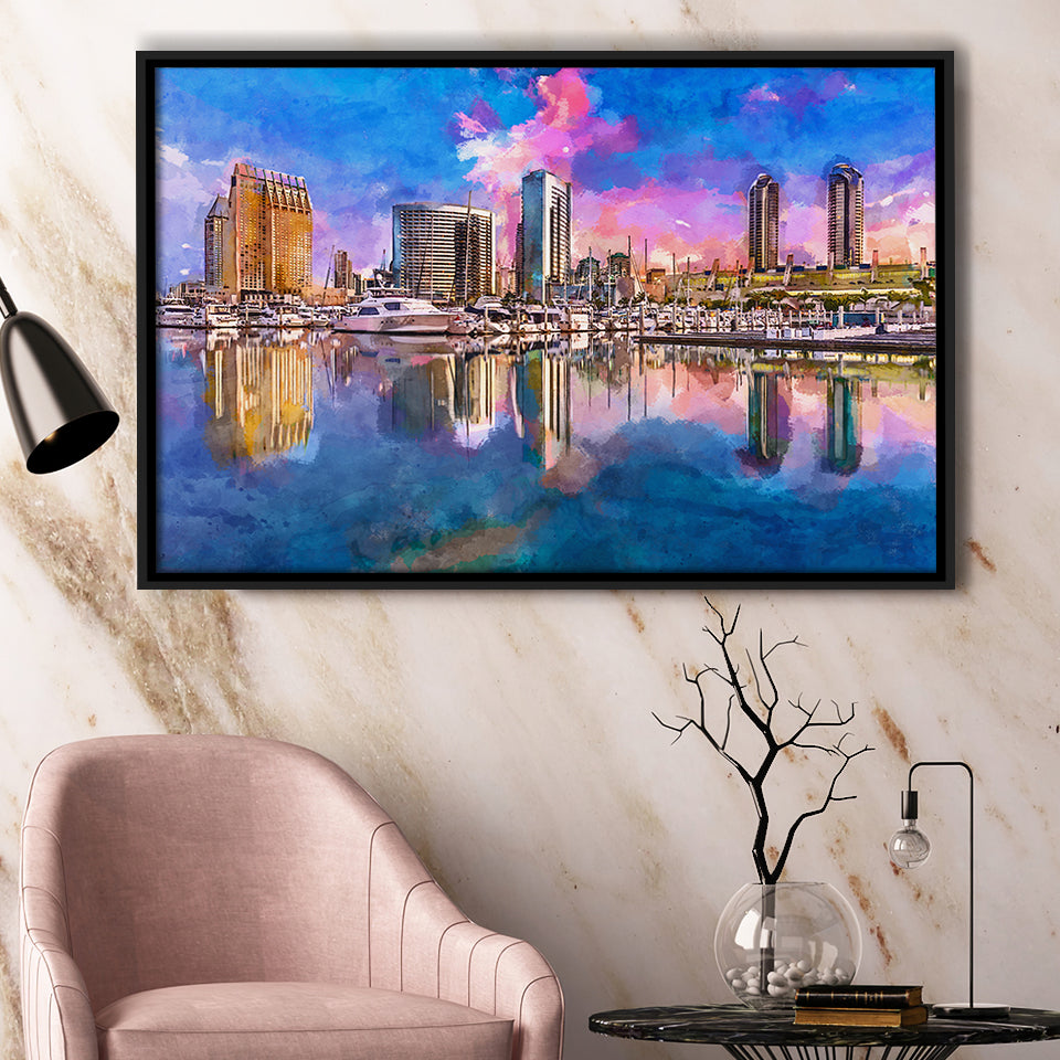 San Diego California Usa Downtown City City Art Watercolor Framed Canvas Prints Wall Art Home Decor,Floating Frame