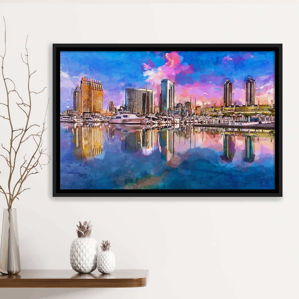 San Diego California Usa Downtown City City Art Watercolor Framed Canvas Prints Wall Art Home Decor,Floating Frame